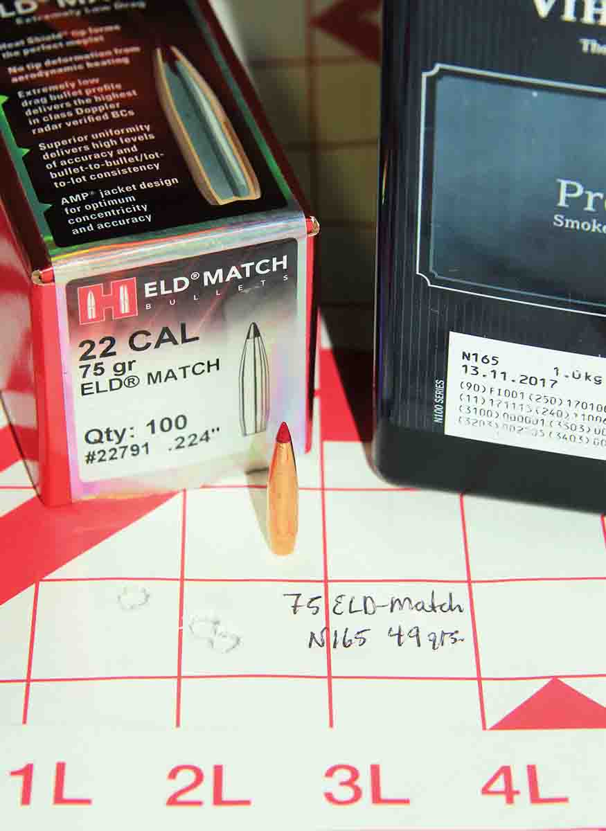The best group with Hornady’s 75-grain ELD Match bullet was .77 inch, and included 49 grains of Vihtavuori N165.